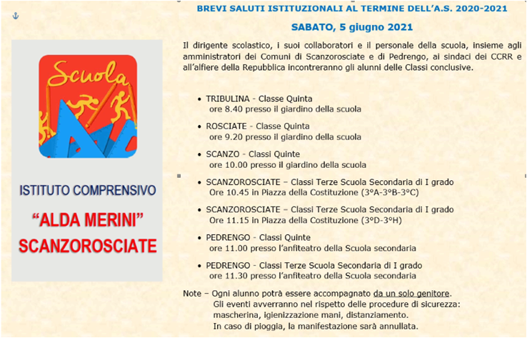 Circ. 216 SALUTI ISTITUZIONALI PER LE CLASSI QUINTE PRIMARIE E TERZE SECONDARIE AL TERMINE DELL'A.S. 2020-2021