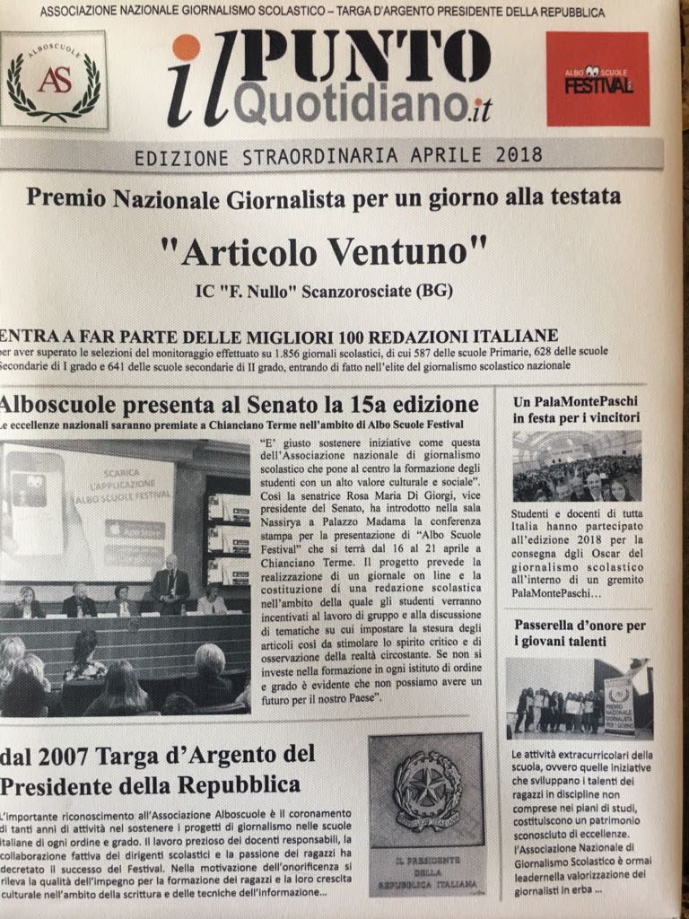 PREMIO NAZIONALE "GIORNALISTA PER UN GIORNO"  DI ALBOSCUOLE ALLA NOSTRA TESTATA "ARTICOLO VENTUNO"